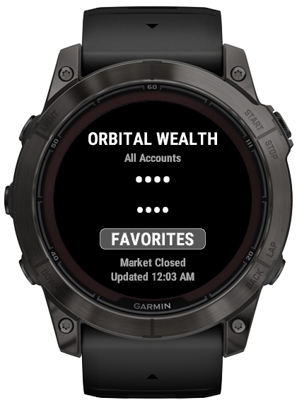 Orbital Wealth app displayed on a Garmin watch
